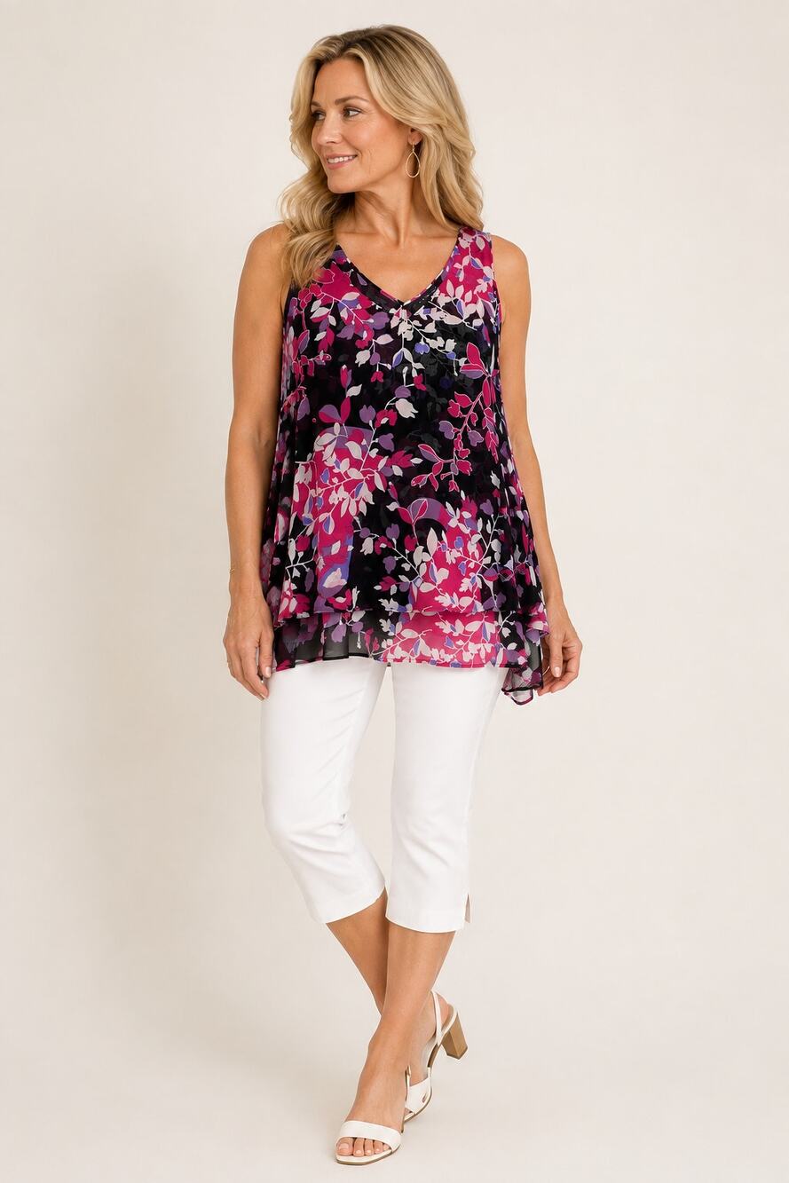 S200 Lane Bryant Floral Layered Sleeveless Blouse Size 20 Pink Purple Black